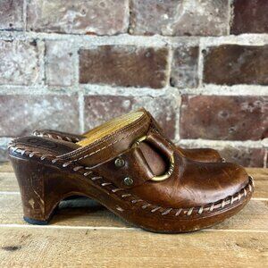 Frye Charlotte Women's Brown Leather Slip on Heeled Mules Clogs Size 8.5